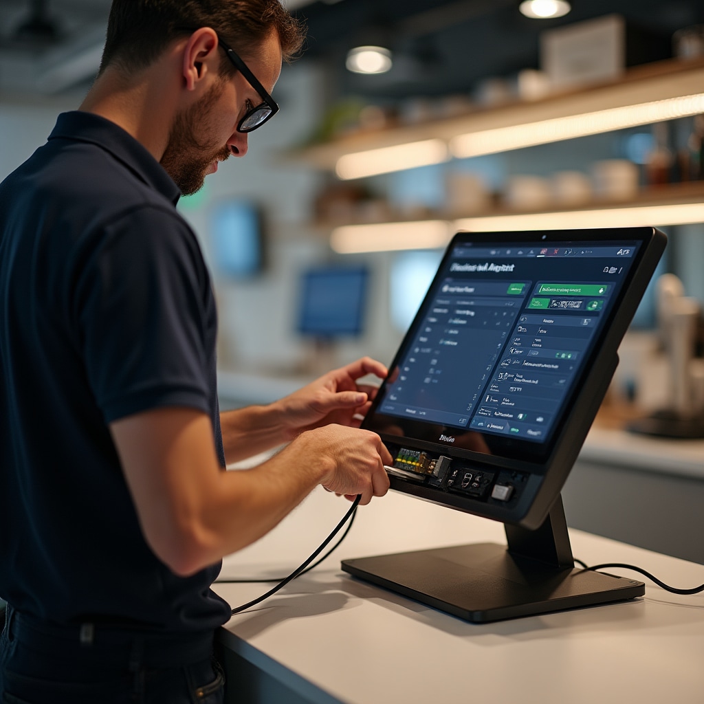 Tecnico che configura un registratore telematico in un negozio moderno