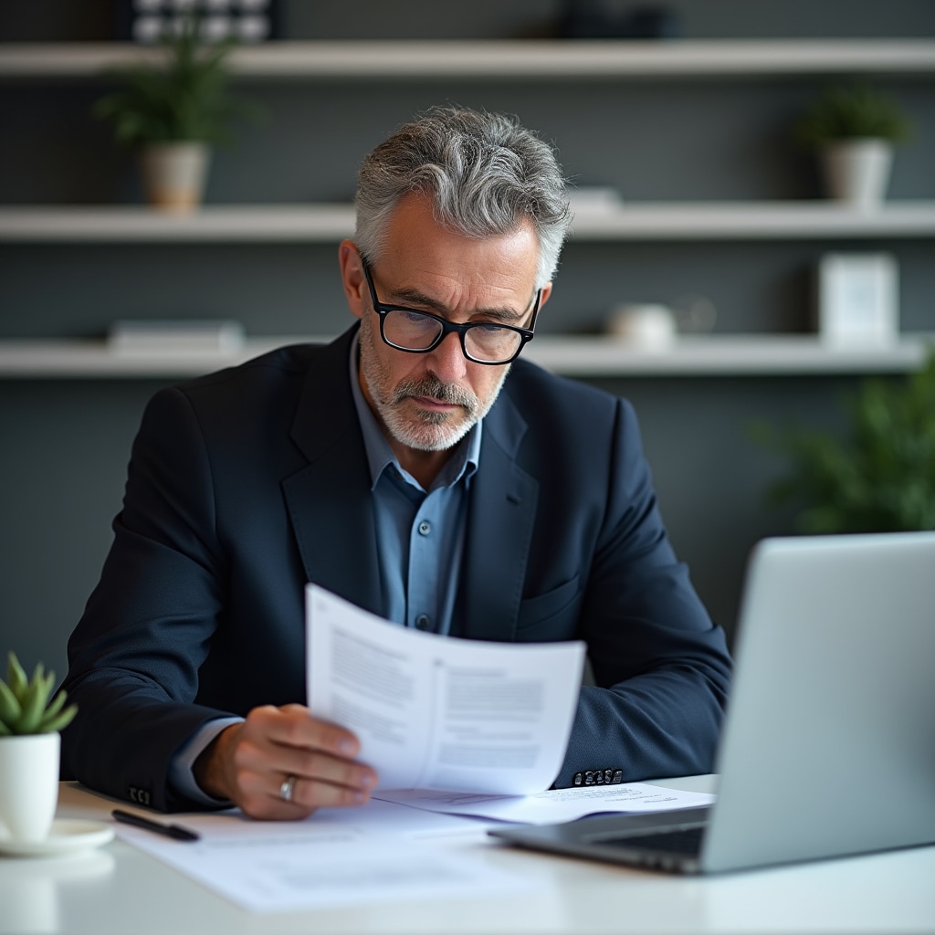 Consulente che analizza documentazione normativa fiscale su scrivania moderna